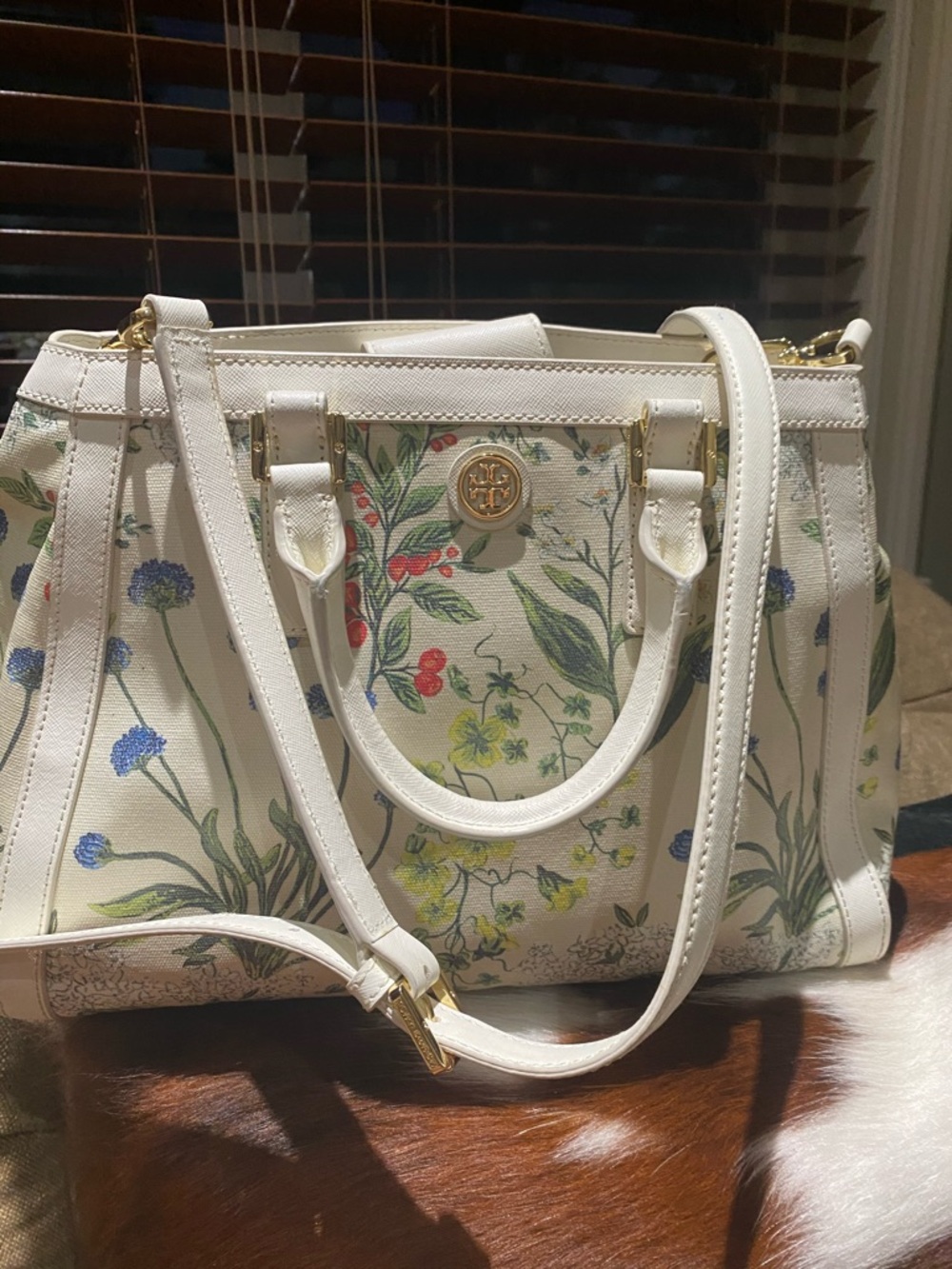 Tory Burch White Floral Print Leather Satchel with Gold Hardware